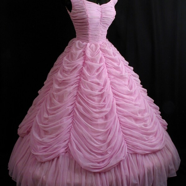 Vintage 1950's 50s Strapless Orchid PINK Lavender Ruched Swags Chiffon Organza Circle Skirt Party Prom Wedding Dress