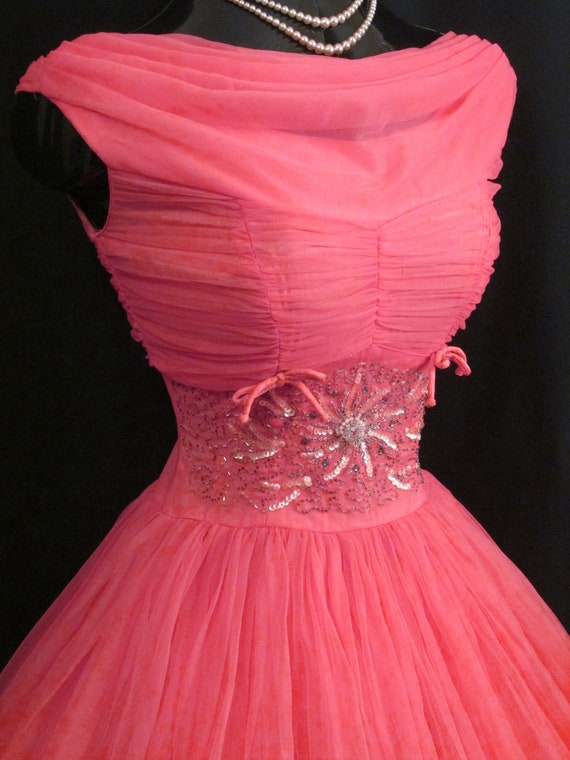 Vintage 1950's 50s Barbie Hot Pink Beaded Ruched … - image 5