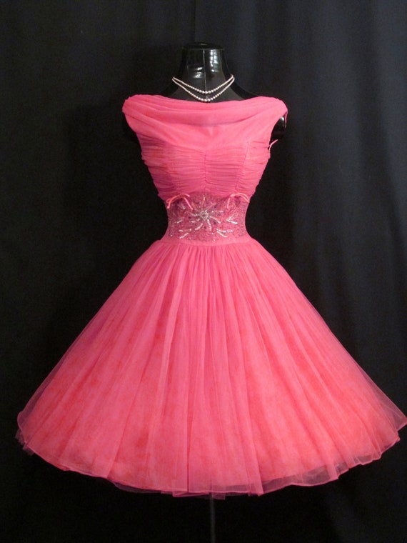 Vintage 1950's 50s Barbie Hot Pink Beaded Ruched … - image 3