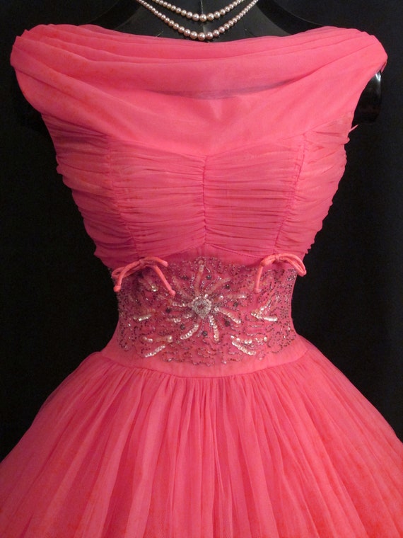 Vintage 1950's 50s Barbie Hot Pink Beaded Ruched … - image 9