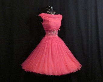 Vintage 1950's 50s Barbie Hot Pink Beaded Ruched CHIFFON Organza Party Prom Wedding DRESS