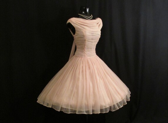 Vintage 1950's 50s Bombshell PINK Ruched Chiffon … - image 1