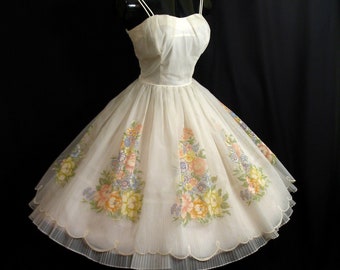 RESERVED Vintage 1950's 50s Bombshell Ruched White Floral Flocked Chiffon Organza Party Prom Wedding Bridal Dress Gown