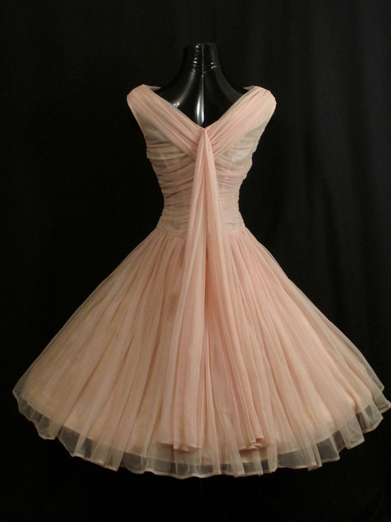 Vintage 1950's 50s Bombshell PINK Ruched Chiffon … - image 8