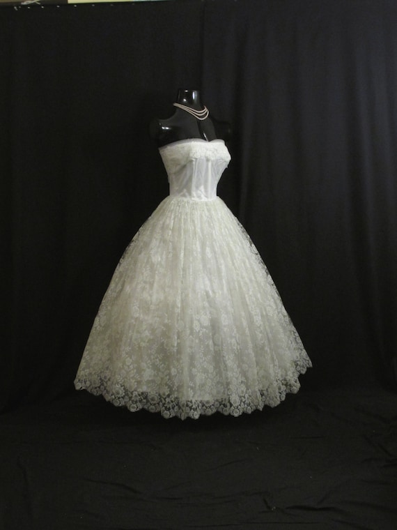 Vintage 1950's 50s STRAPLESS Bombshell Silk Lace Tulle Party Prom Wedding  DRESS Gown 