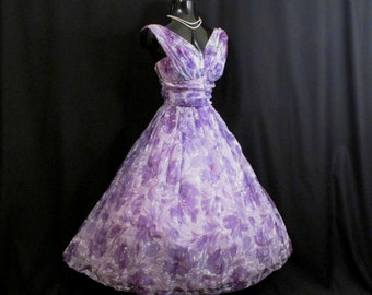 Vintage 1950's 50s Lilac Purple Alice Edwards Floral Chiffon Organza Party Prom Wedding Dress