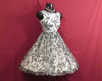 Vintage 1950's 50s Black White Floral Flocked Velvet Chiffon Organza Party Prom Wedding DRESS