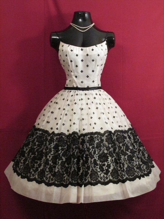 Vintage 1950's 50s Bombshell Black White Chiffon … - image 2