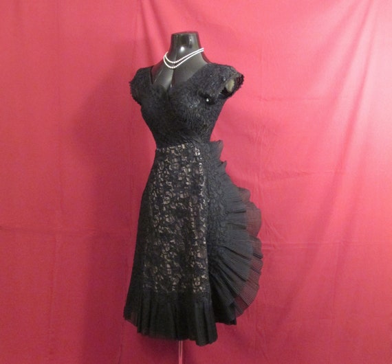 Vintage 1940's 50's Black Illusion Organza Lace T… - image 1