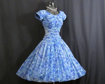 Vintage 1950's 50s Blue Green Ruched Impressionist Watercolor Floral Print Chiffon Organza Party Prom Wedding Dress Gown