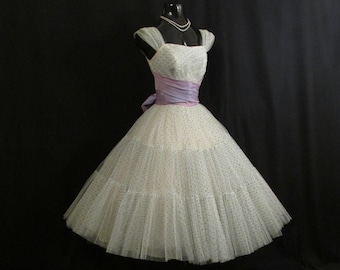 SALE Vintage 1950's 50s Bombshell White Blue Lilac Tulle Taffeta Flocked Swiss Dots PROM Party Wedding Dress Gown Medium Large Size