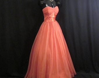 SALE Vintage 1950's 50s STRAPLESS Bombshell Fred Perlberg Coral Peach Tangerine Tulle Taffeta PROM Party Wedding Dress