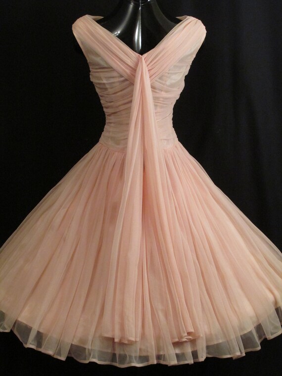 Vintage 1950's 50s Bombshell PINK Ruched Chiffon … - image 9