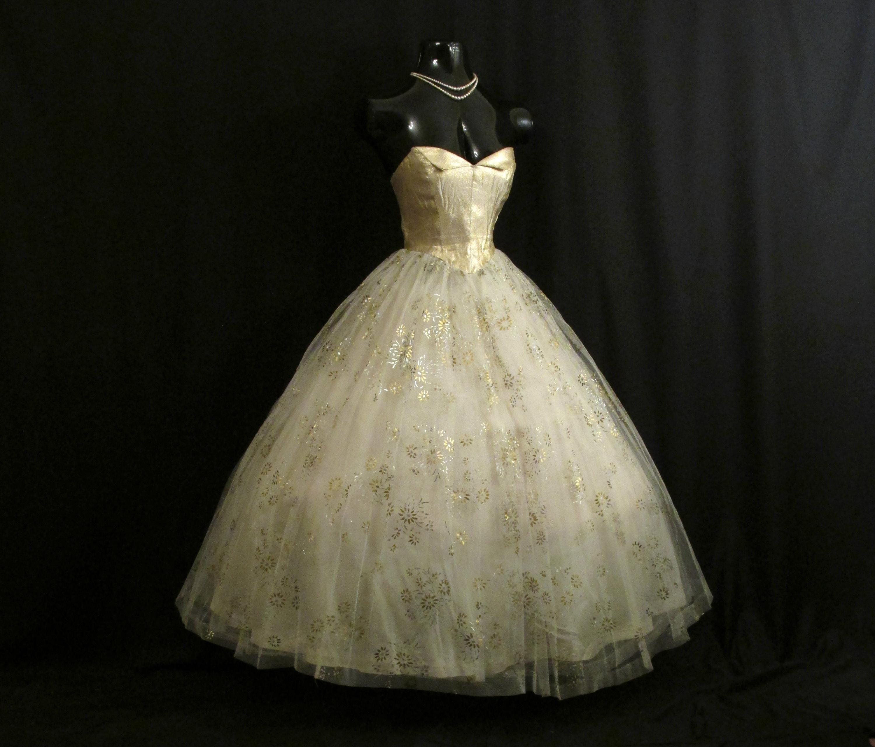 Vintage 1950's 50s STRAPLESS Bombshell Ivory Gold Metallic Painted Tulle Taffeta Party Prom WEDDING Dress Gown
