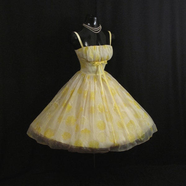 Vintage 1950's 50s Bombshell Cupcake Lemon Yellow Floral Flocked Ruched Chiffon Organza Party Prom Wedding Dress