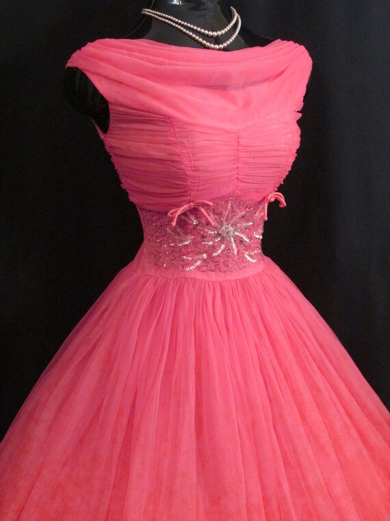 Vintage 1950's 50s Barbie Hot Pink Beaded Ruched … - image 4