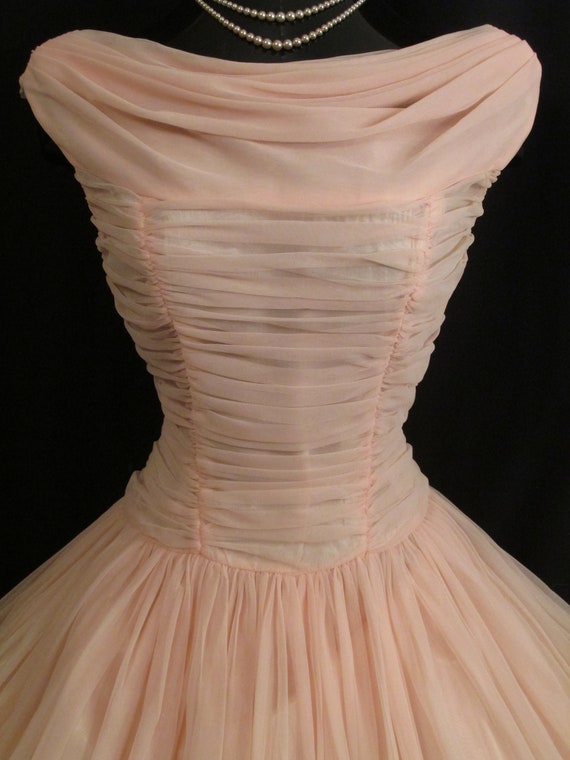 Vintage 1950's 50s Bombshell PINK Ruched Chiffon … - image 7