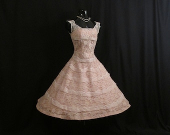 Vintage 1950's 50s Henry A. Condor Pink Lace Silk Organza Taffeta Skirt Party Prom Wedding DRESS Gown