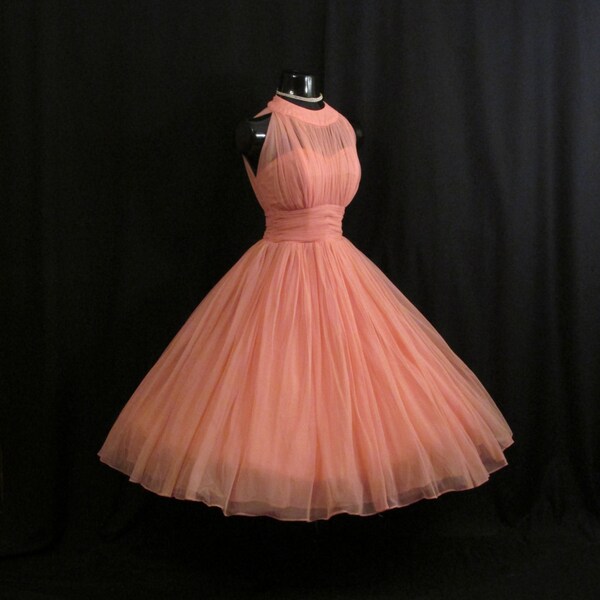 RESERVED Vintage 1950's 50s Bombshell Halter Coral PINK Salmon Ruched Chiffon Circle Skirt Party Prom Wedding Dress