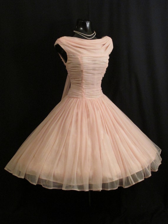 Vintage 1950's 50s Bombshell PINK Ruched Chiffon … - image 2