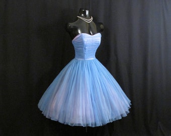 Vintage 1950's 50's 50s Emma Domb Strapless BLUE Ruched CHIFFON Organza Wedding Prom Party Dress