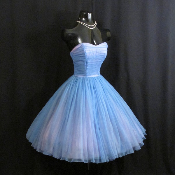Vintage 1950's 50's 50s Emma Domb Strapless BLUE Ruched CHIFFON Organza Wedding Prom Party Dress