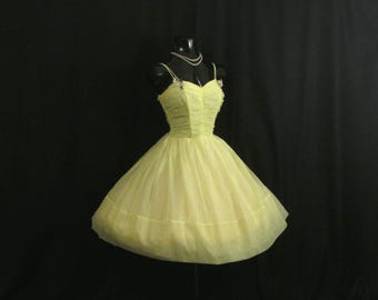 SALE Vintage 1950's 50s Bombshell Ruched Lemon Yellow Chiffon Organza Flowers Party Prom Wedding Dress M