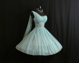 Vintage 1950's 50's 50s BLUE Turquoise Beaded Pearls Daisies Applique CHIFFON Organza Wedding Prom Party DRESS