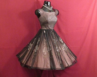 Vintage 1950's 50s Sleeveless Smoky Black Charcoal Pink Gold Painted Floral Chiffon Organza Party Prom Dress