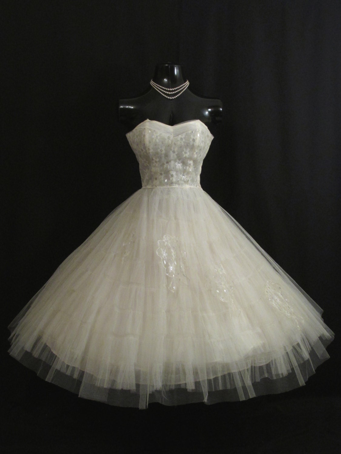 Vintage 1950's 50s STRAPLESS Bombshell White Tulle Silver