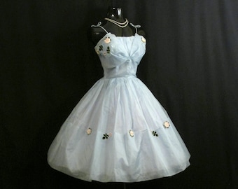 SALE Vintage 1950's 50s Baby BLUE Floral Applique Silk Chiffon Organza Party Prom Wedding Dress Gown