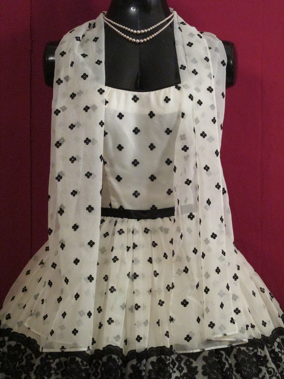 Vintage 1950's 50s Bombshell Black White Chiffon … - image 10