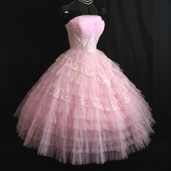 Vintage 50's 50s STRAPLESS Orchid PINK Layered Tulle Lace Party Prom Wedding DRESS Gown