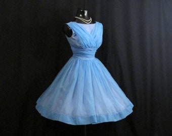 Vintage 1950's 50s Baby Blue Ruched CHIFFON Organza Party Prom Wedding Dress S/M