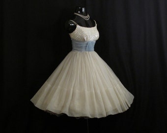 Vintage 1950's 50s Ivory Baby Blue Ruched Chiffon Beaded Sequins Circle Skirt Party Prom Wedding Dress Gown