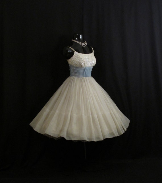 Vintage 1950's 50s Ivory Baby Blue Ruched Chiffon… - image 1