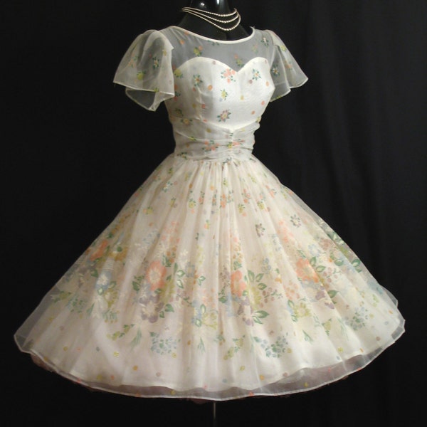 Vintage 1950's 50s White Floral Flocked Chiffon Organza Party Prom Wedding Dress