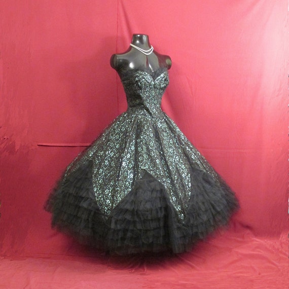 Vintage 1950's 50s Strapless Black Emerald Green G