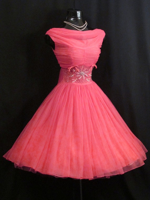 Vintage 1950's 50s Barbie Hot Pink Beaded Ruched … - image 2