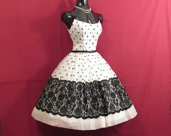 Vintage 1950's 50s Bombshell Black White Chiffon Floral Flocked Velvet Lace Organza Party Prom Wedding DRESS