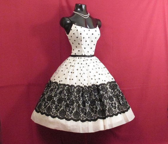 Vintage 1950's 50s Bombshell Black White Chiffon … - image 1