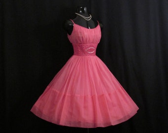 Vintage 50s 1950's Barbie HOT PINK Fuschia Beaded Rhinestones Ruched CHIFFON Organza Party Prom Wedding Dress