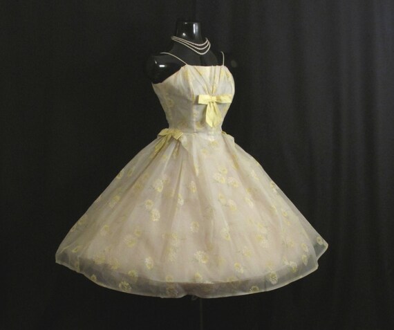 Vintage 1950 S 50s Lemon Yellow Flocked Floral Chiffon Etsy
