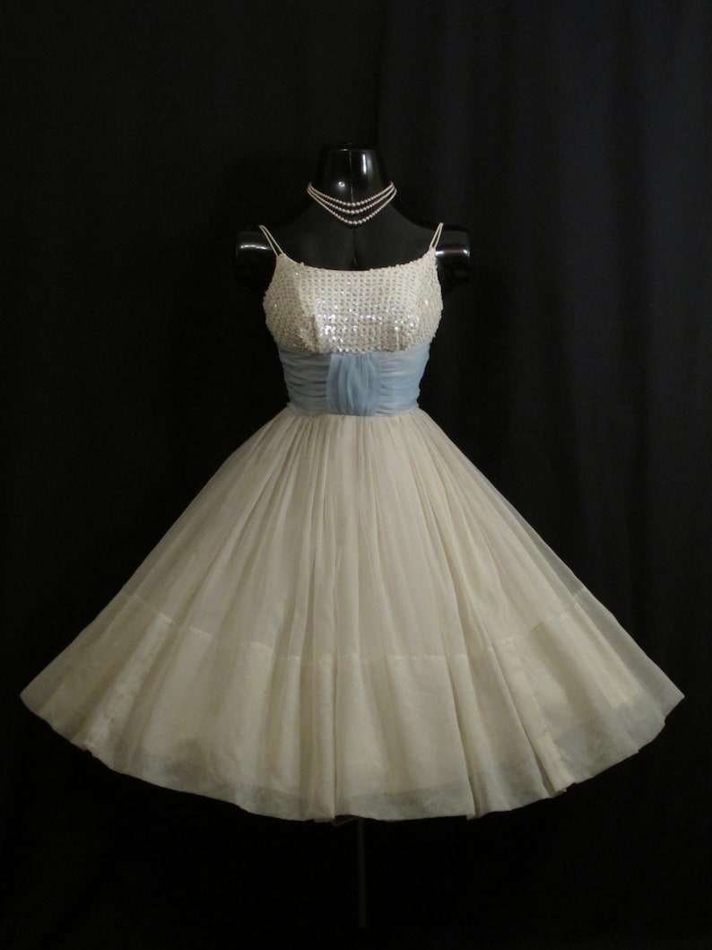 Vintage 1950's 50s Ivory Baby Blue Ruched Chiffon Beaded Sequins Circle Skirt Party Prom Wedding Dress Gown image 2