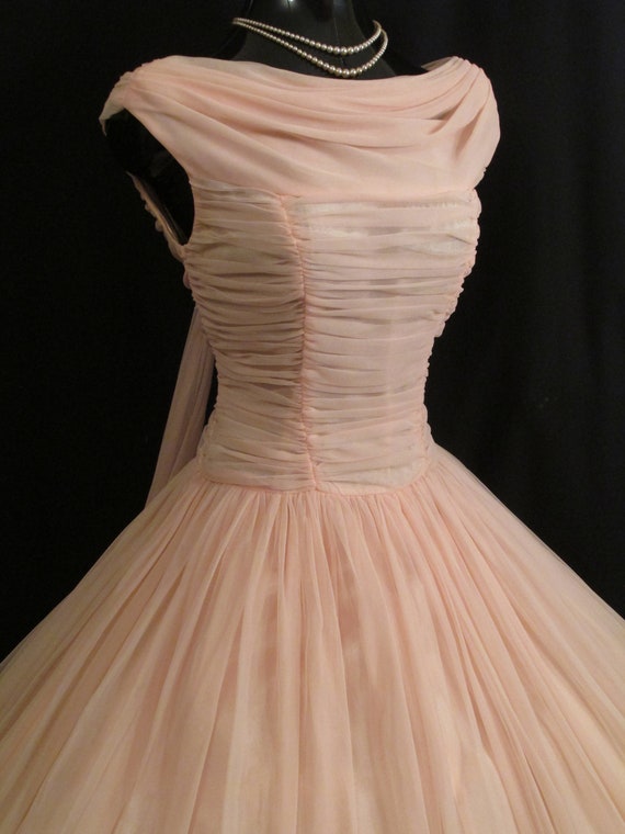 Vintage 1950's 50s Bombshell PINK Ruched Chiffon … - image 4