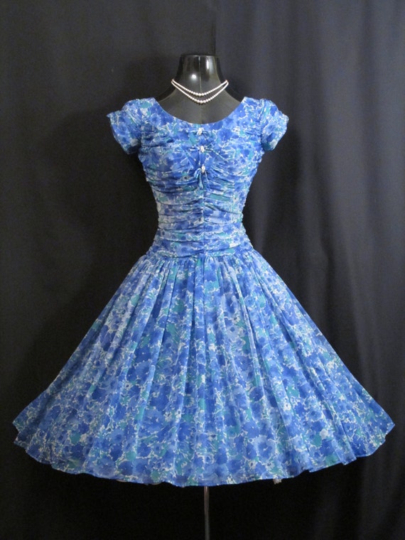 Vintage 1950's 50s Blue Green Ruched Impressionis… - image 2