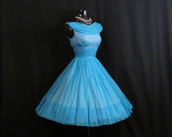 Vintage 50s 1950's Turquoise Blue Ruched Silk Rayon CHIFFON Organza Party Prom Dress