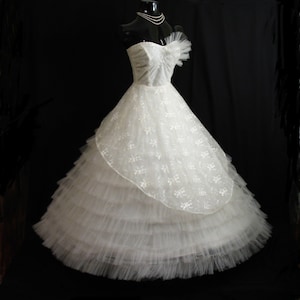 Vintage 50's 50s STRAPLESS Bombshell White Tulle Lace Party Prom Wedding DRESS Gown
