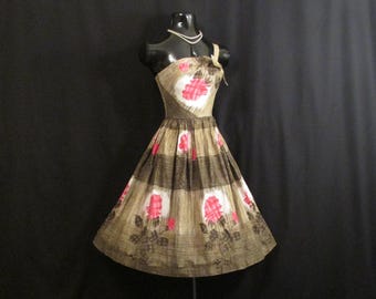 Vintage 1950's 50s Fit & Flare Linzi Line Olive Green Raspberry Pink Floral Print Cotton Garden Party Sundress Dress