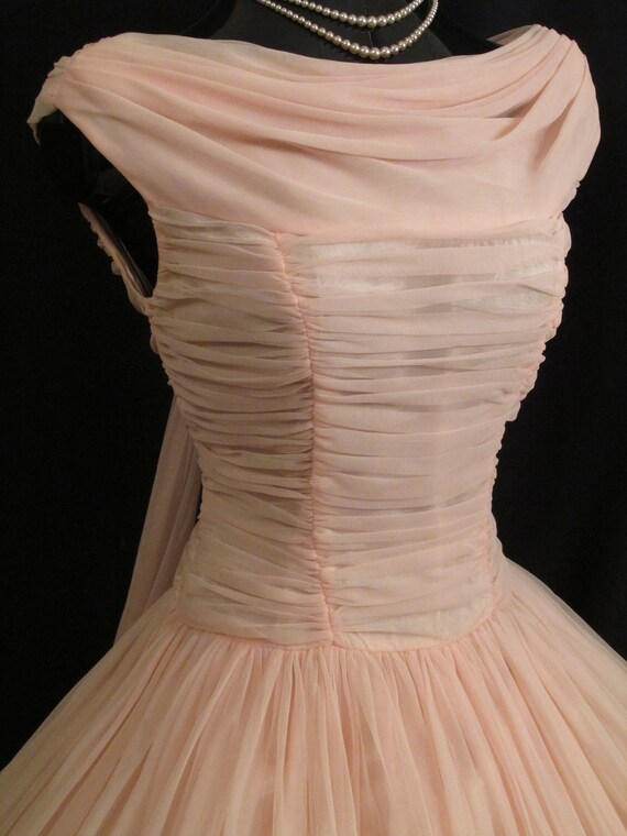 Vintage 1950's 50s Bombshell PINK Ruched Chiffon … - image 5